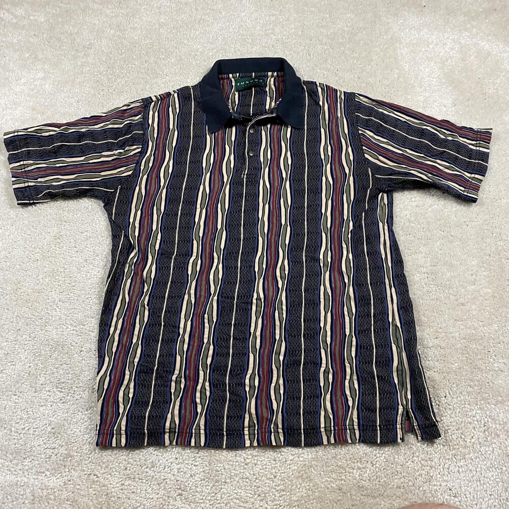 VTG Tundra Canada Polo Shirt Mens L Multicolor Vertical Stripe Textured 3D Knit